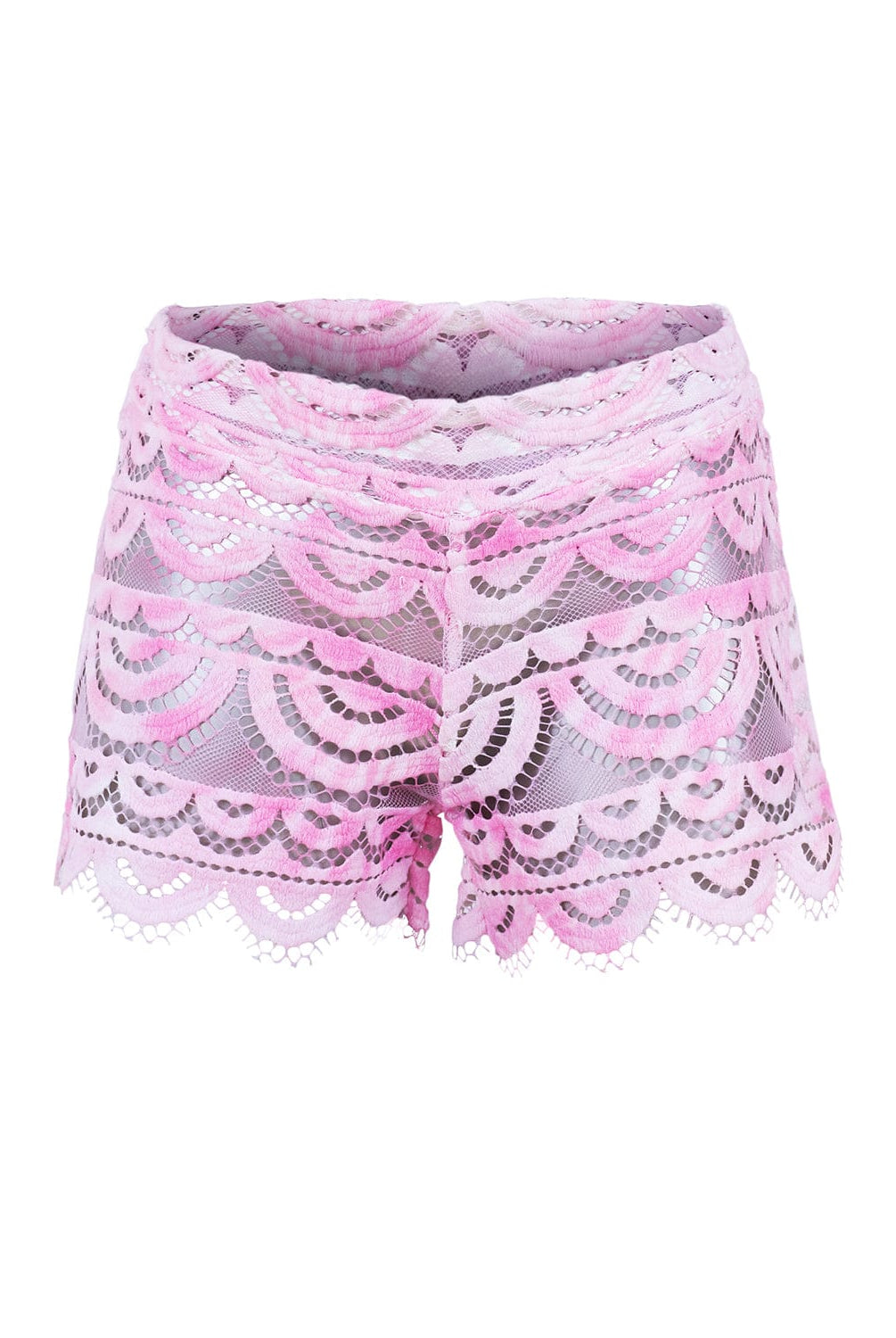 Pink lace shorts against a white wall.