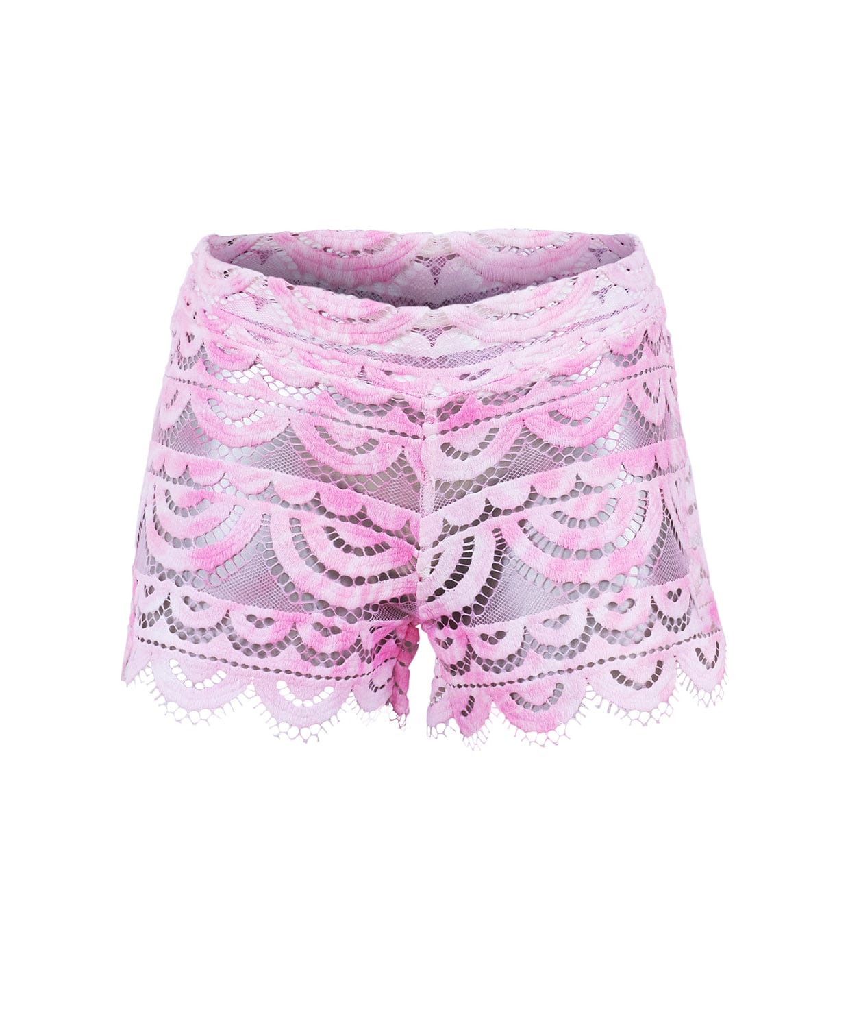 Pink lace shorts against a white wall.