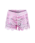 Pink lace shorts against a white wall.