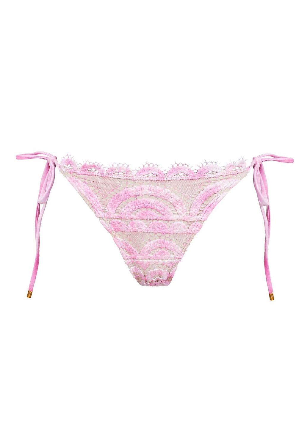 Pink lace bikini bottoms against a white wall.