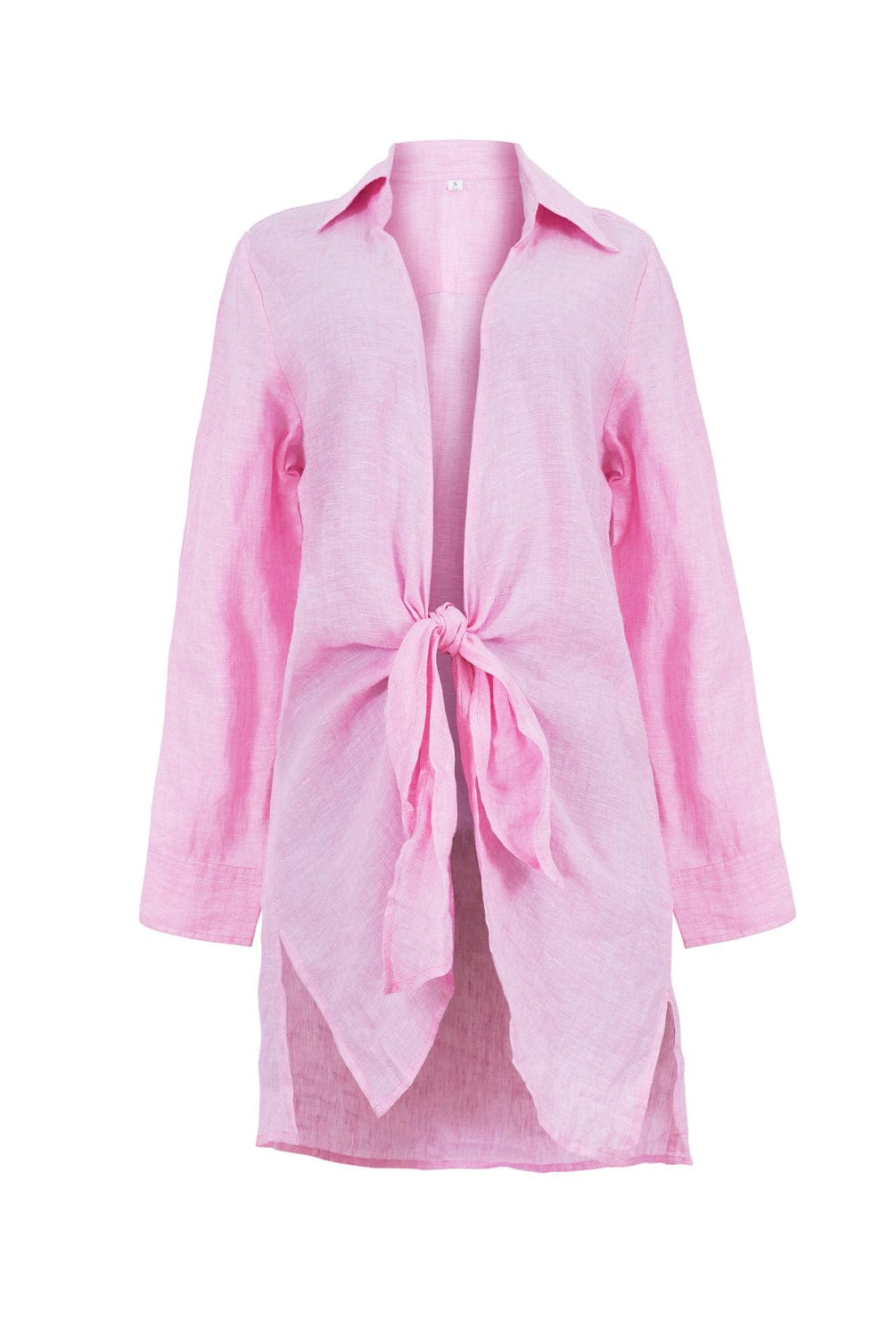 A long sleeve pink cover up against a white wall.