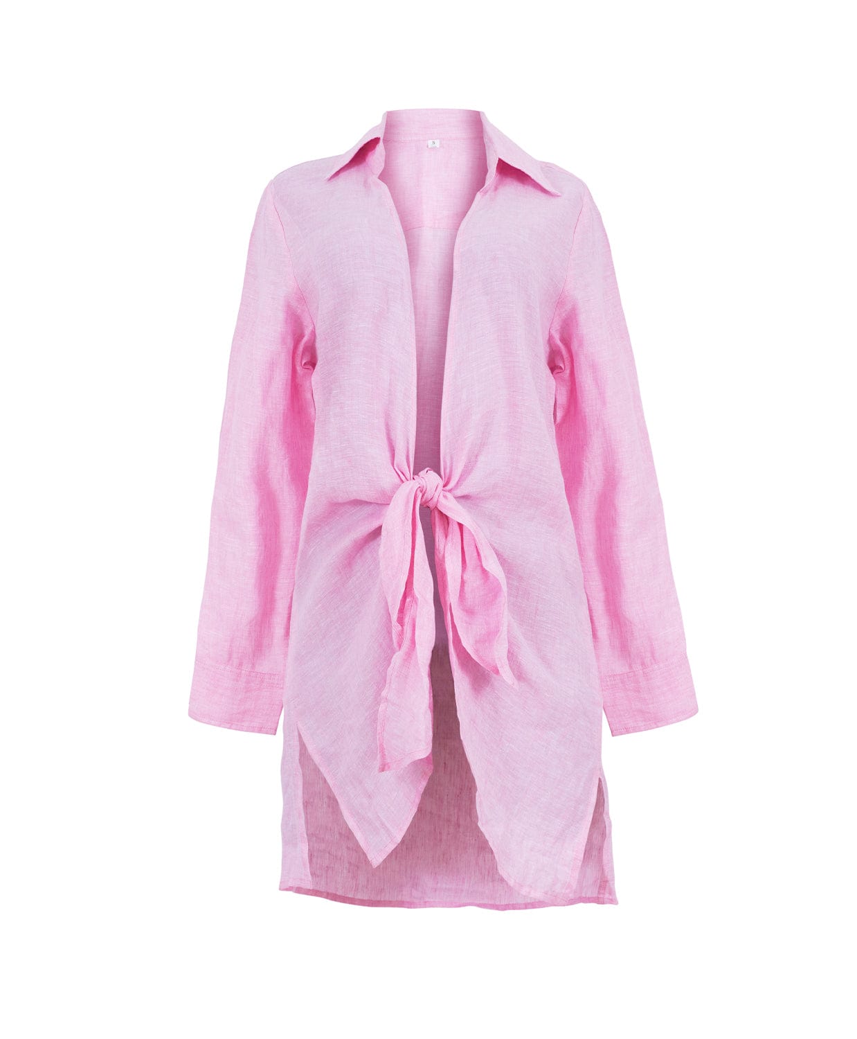 A long sleeve pink cover up against a white wall.