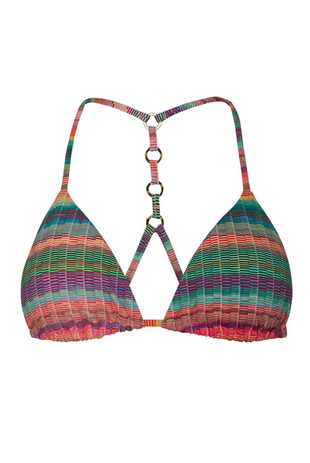 A striped bikini triangle top against a white wall.