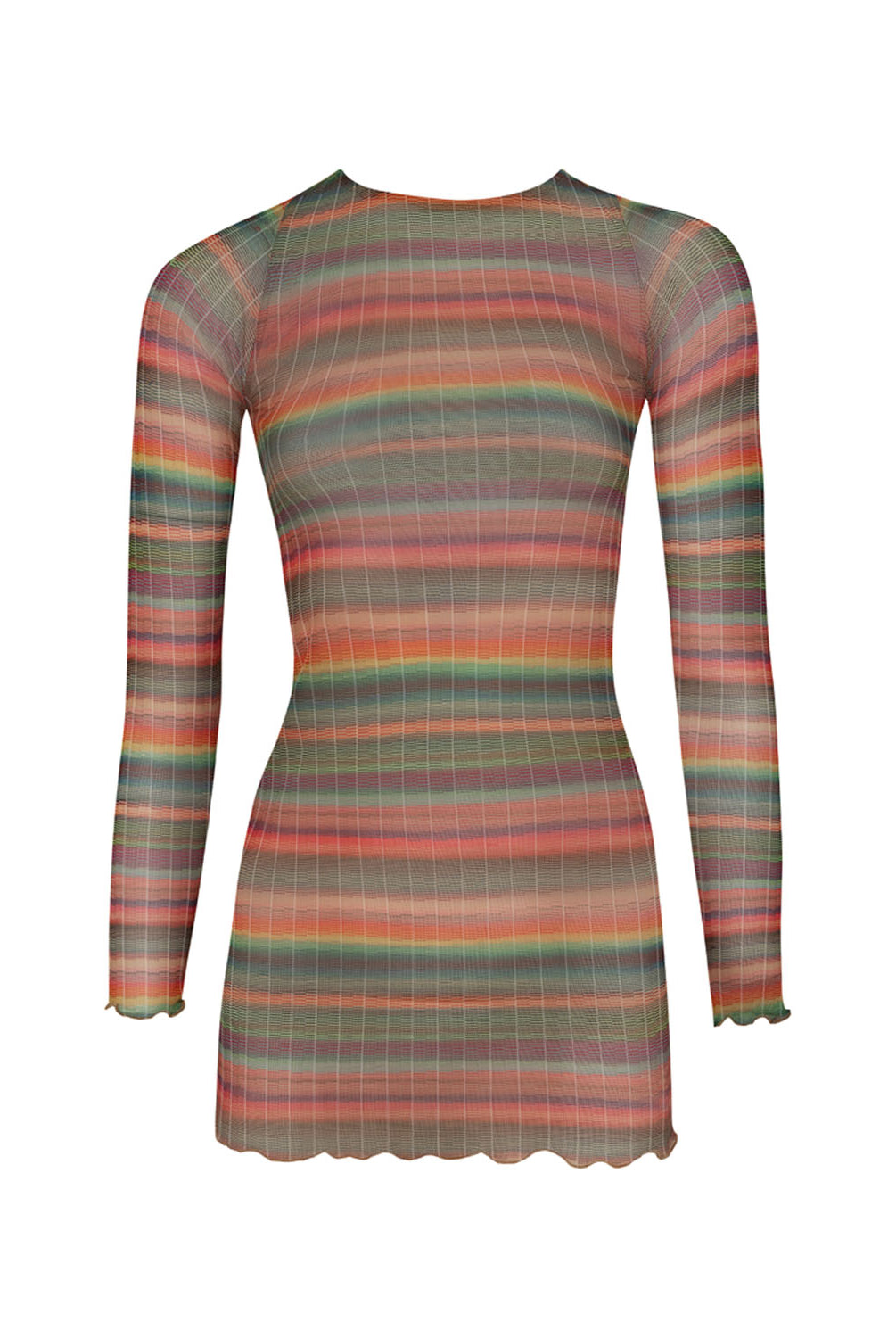 A striped long sleeve dress against a white wall.