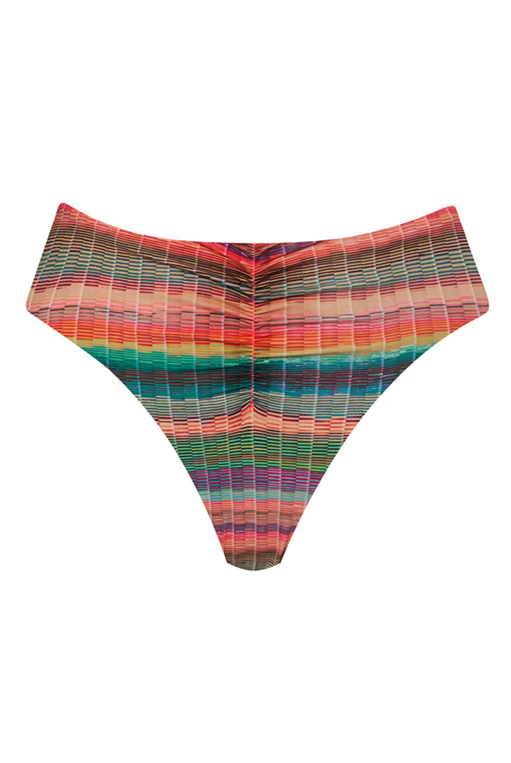 A striped bikini bottom against a white wall.