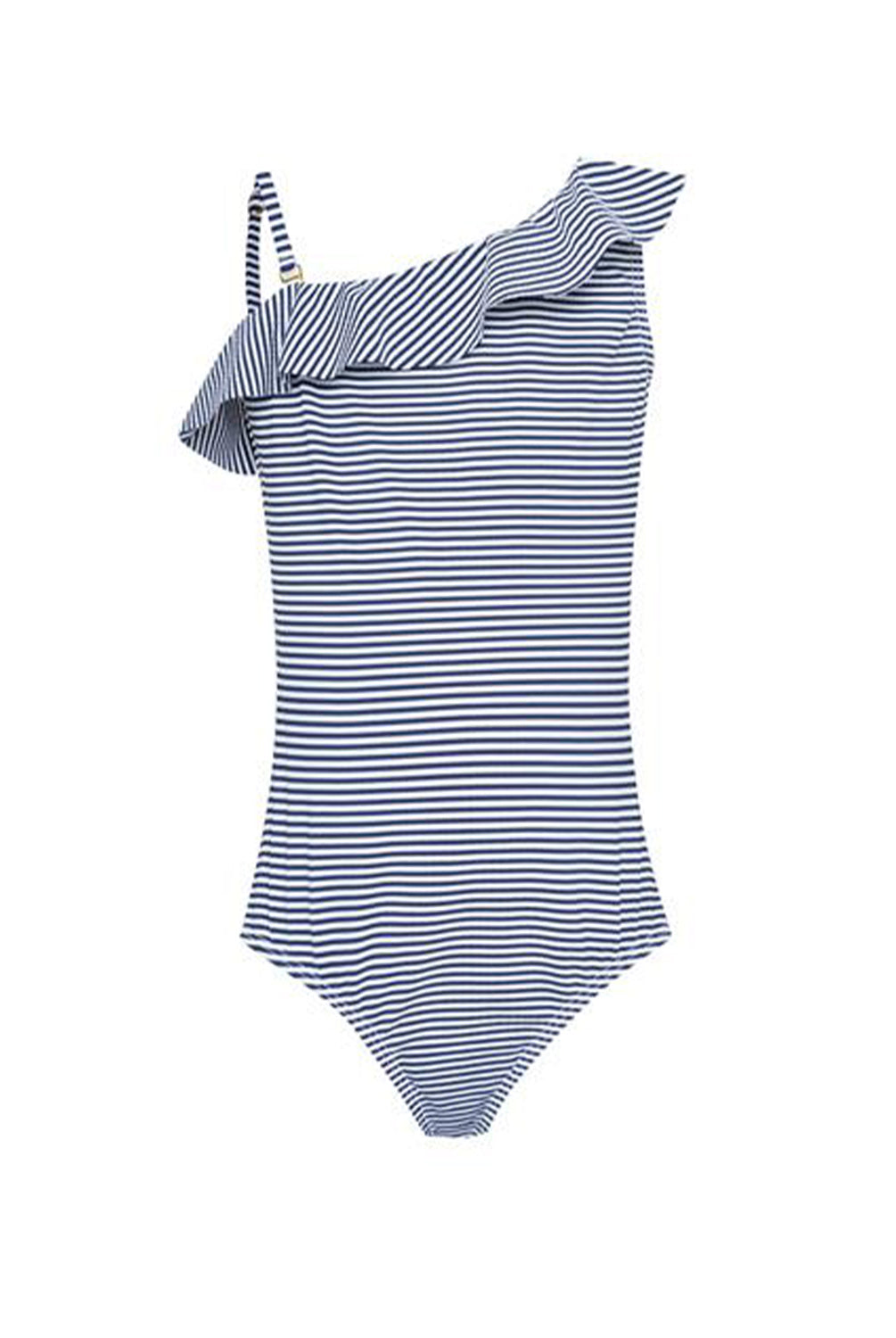 Blue and white striped one-shoulder swimsuit on a white background