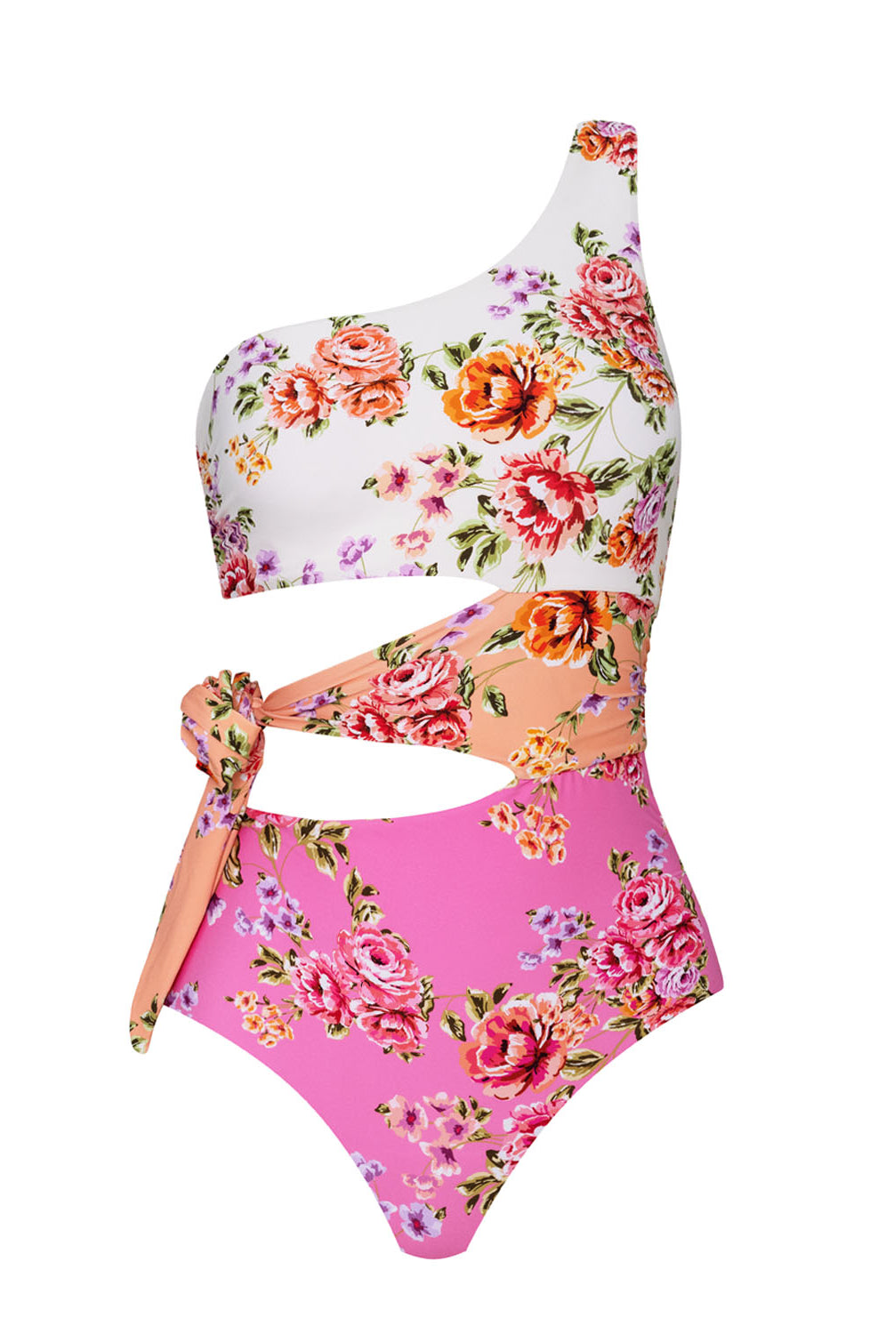 A floral one piece swimsuit against a white wall.