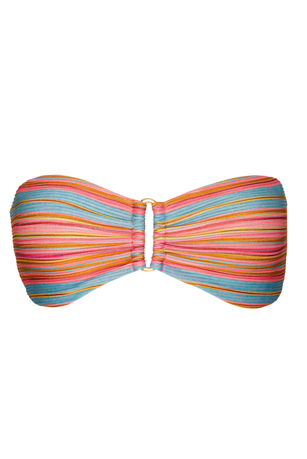 A striped bandeau bikini top against a white wall.