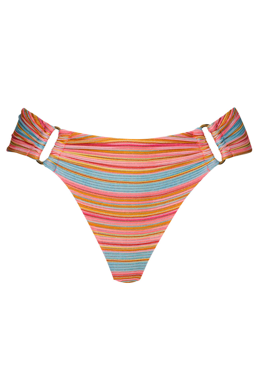 A striped high waist bikini bottom against a white wall.