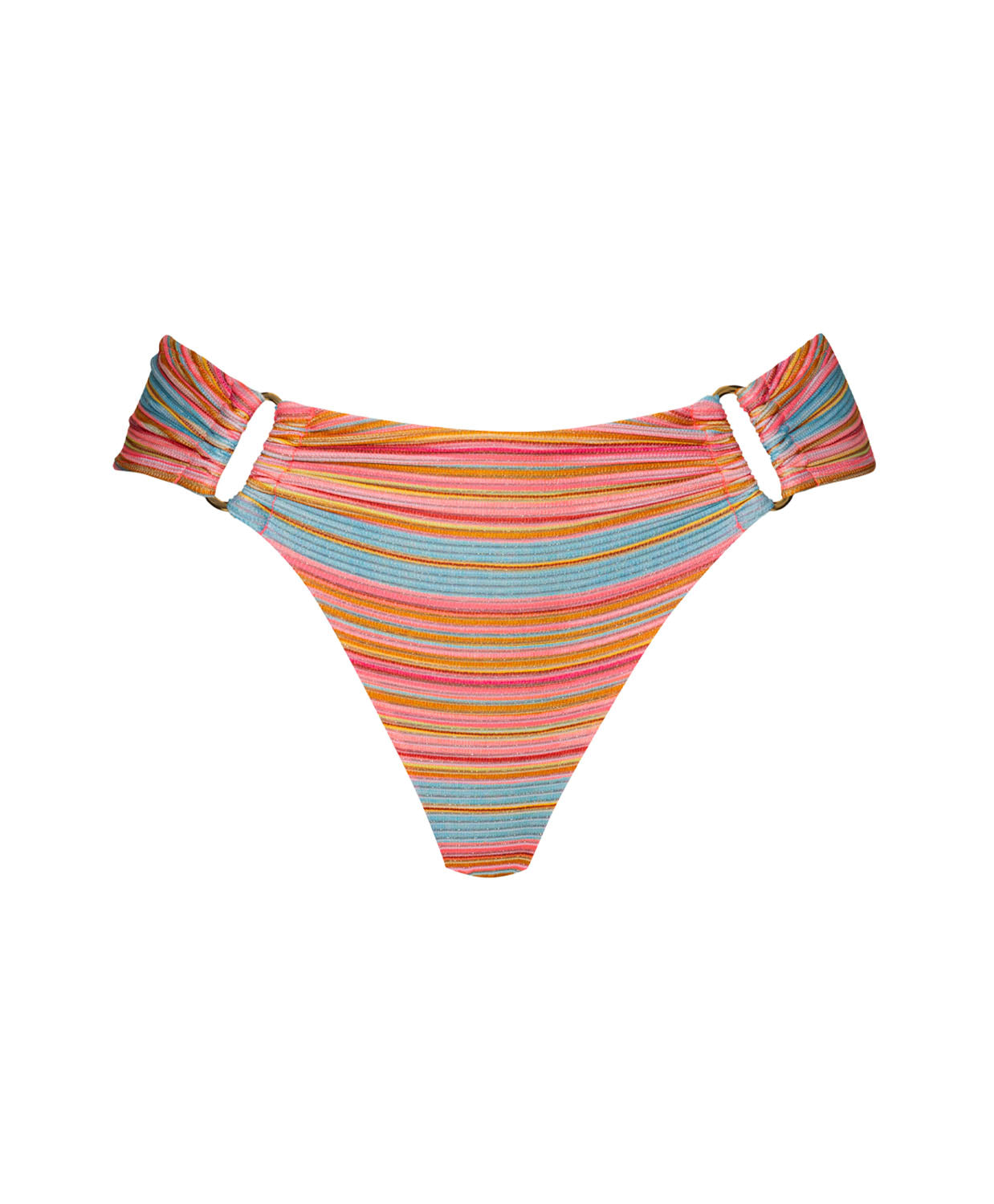 A striped high waist bikini bottom against a white wall.
