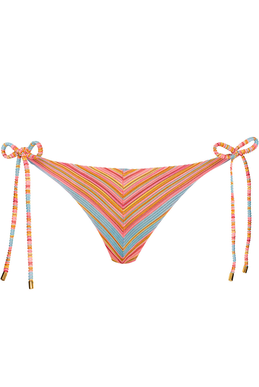 A striped bikini bottom against a white wall.