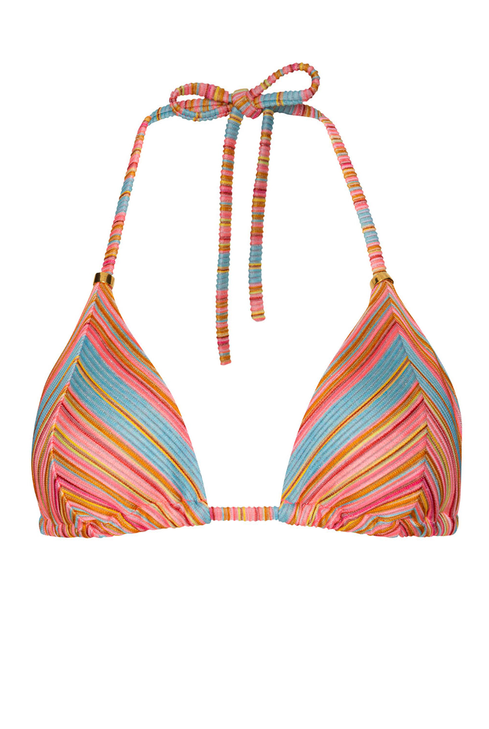 A striped triangle bikini top against a white wall.