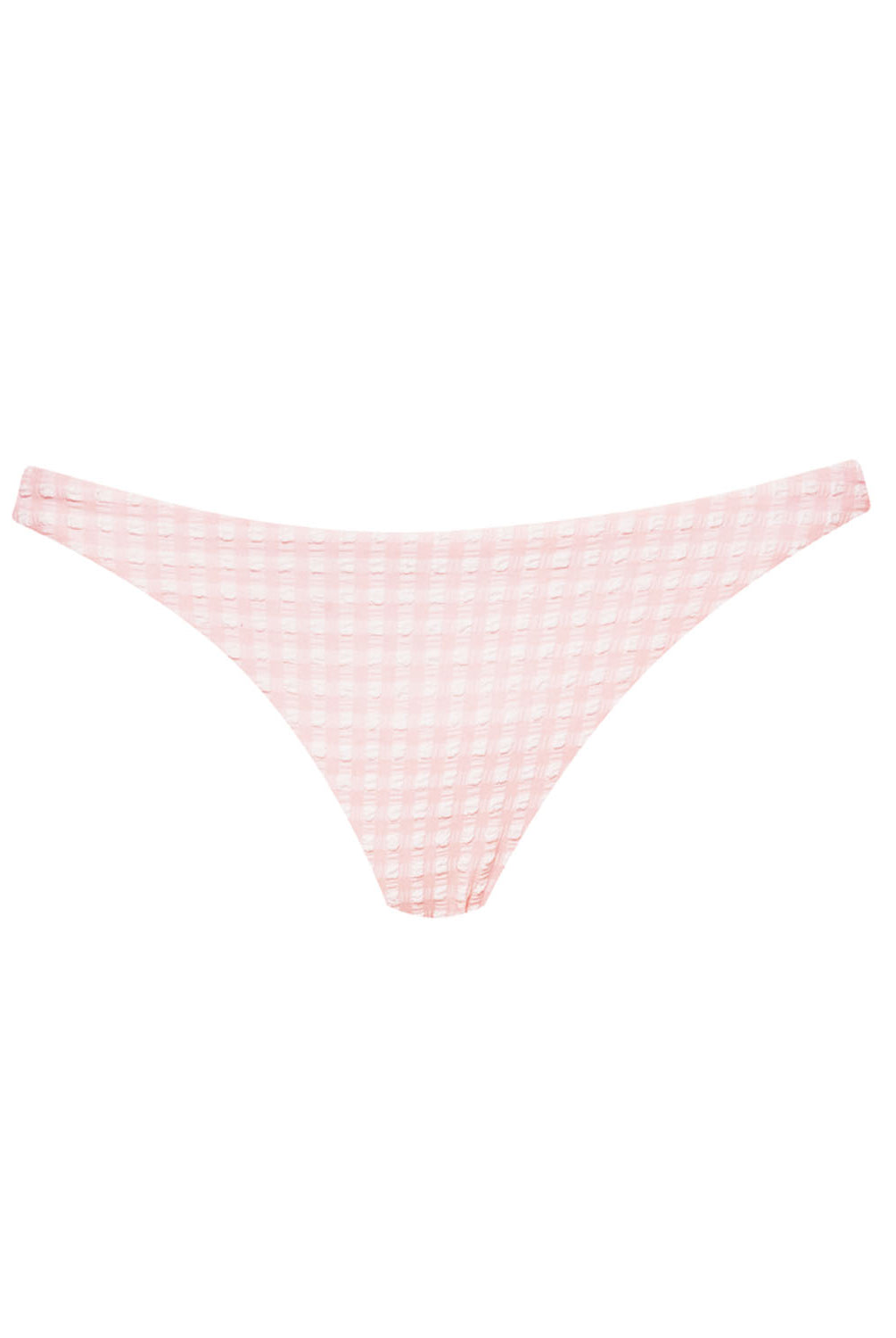 A light pink bikini with a white checkered print against a white wall.