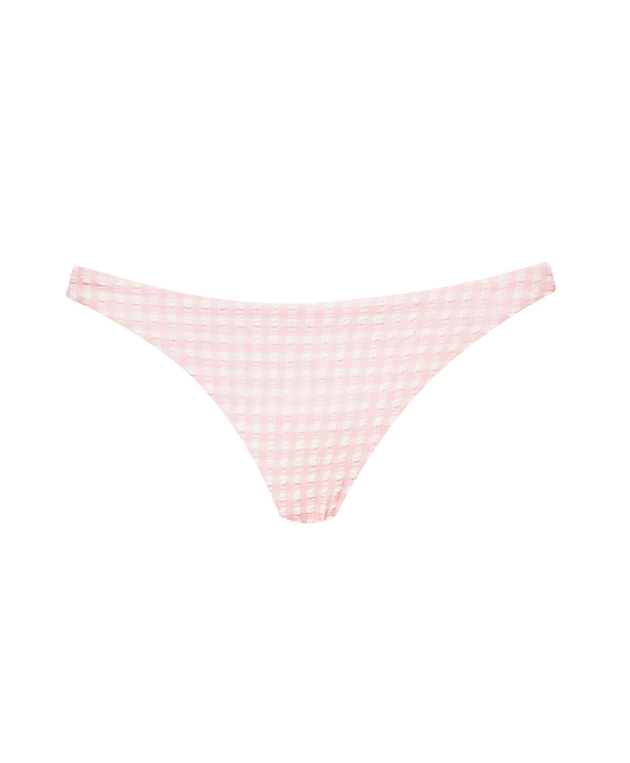 A light pink bikini with a white checkered print against a white wall.