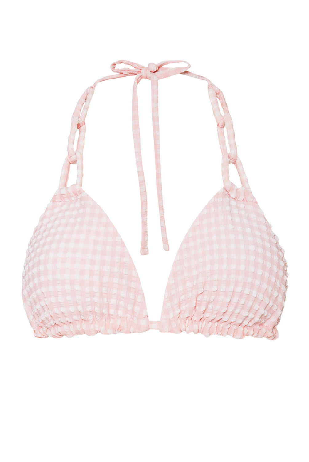 A light pink triangle bikini top with a white checkered material against a white wall.