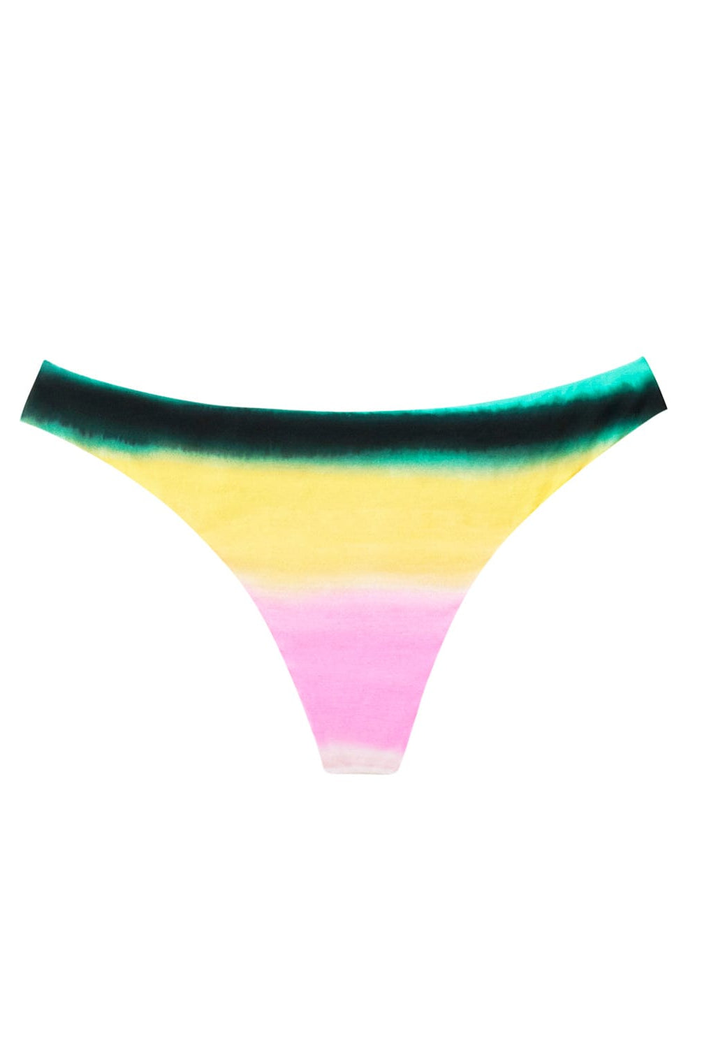 A multi-colored stripe print bikini bottom. Featured against a white wall background.