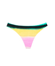 A multi-colored stripe print bikini bottom. Featured against a white wall background.
