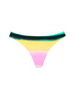 A multi-colored stripe print bikini bottom. Featured against a white wall background.