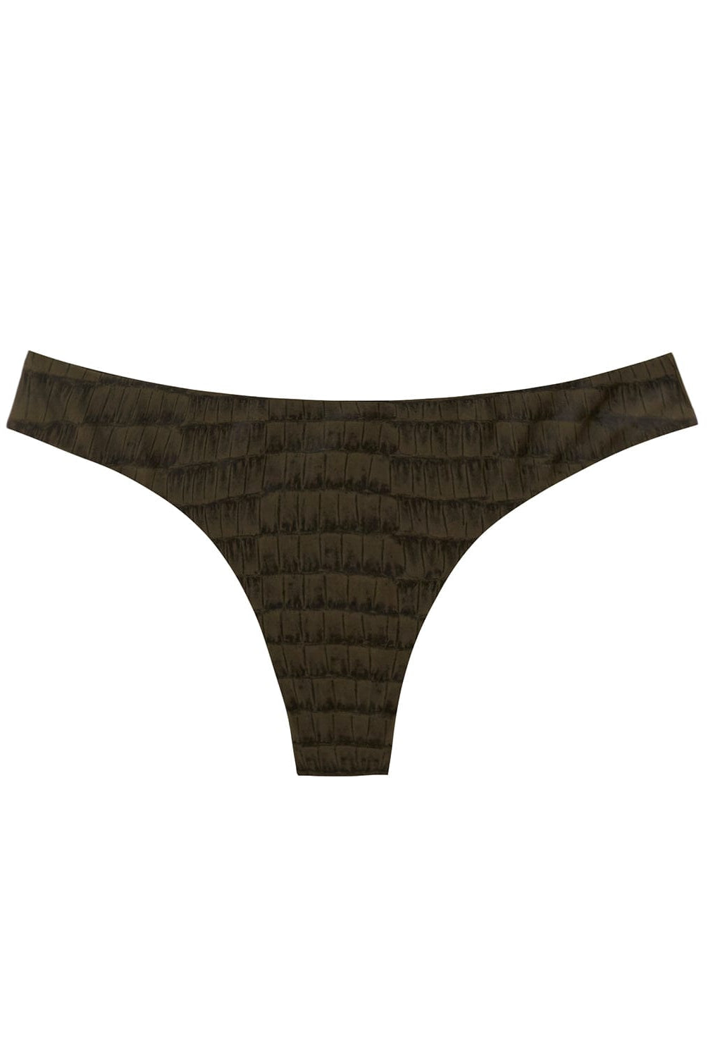 A gray print ruched bikini bottom. Featured against a white wall background.