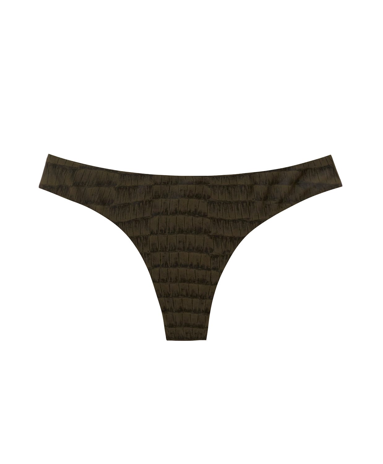 A gray print ruched bikini bottom. Featured against a white wall background.