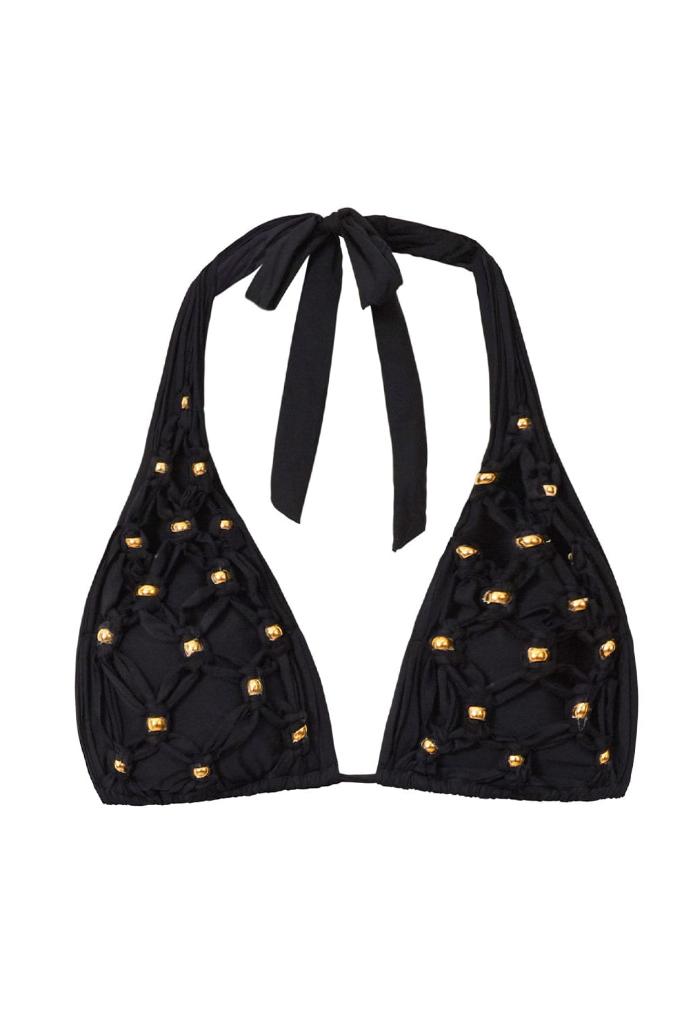A black halter bikini top with net macramé details & shimmery gold accents. Featured against a white wall background.