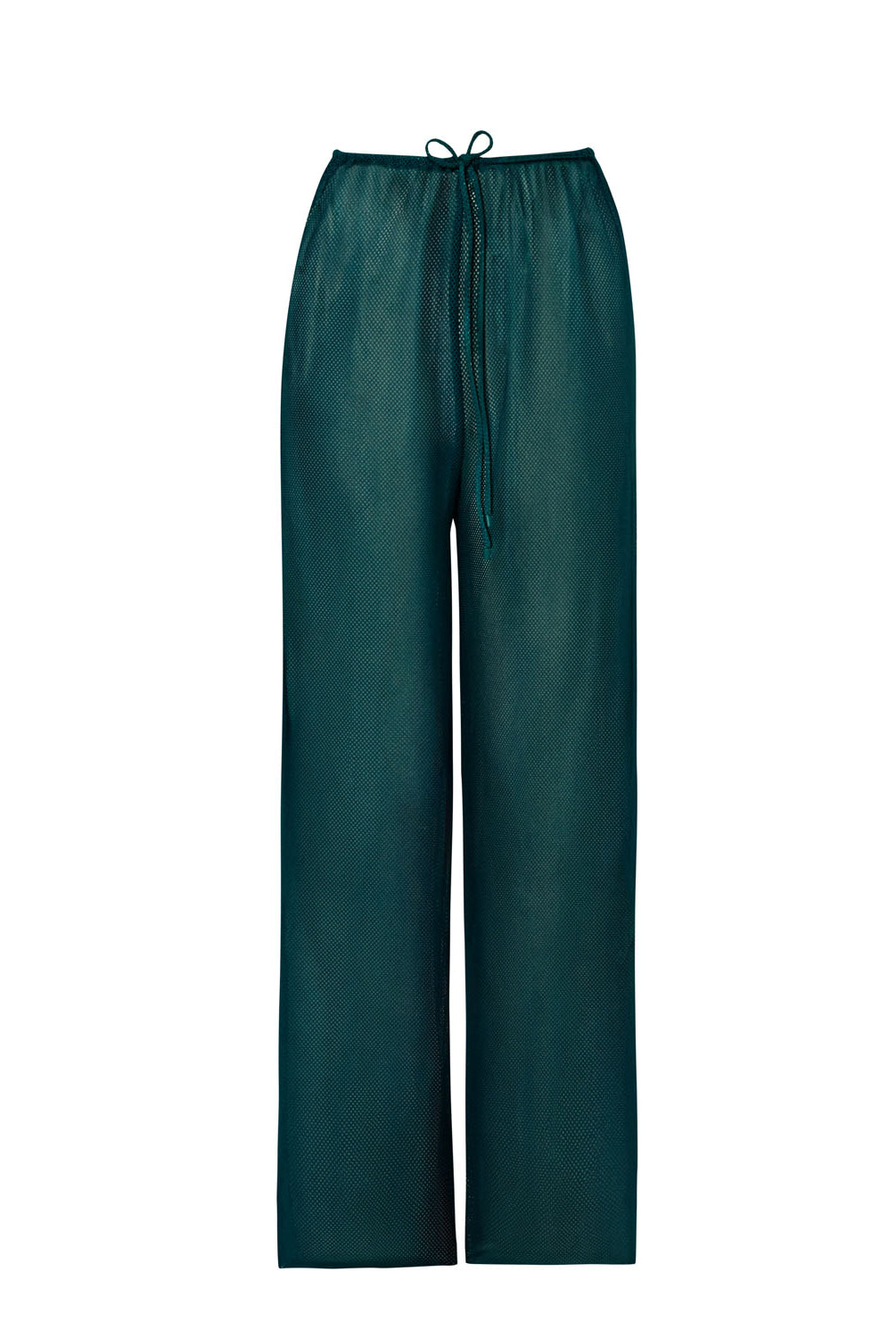 Long green pants with a drawstring against a white wall.
