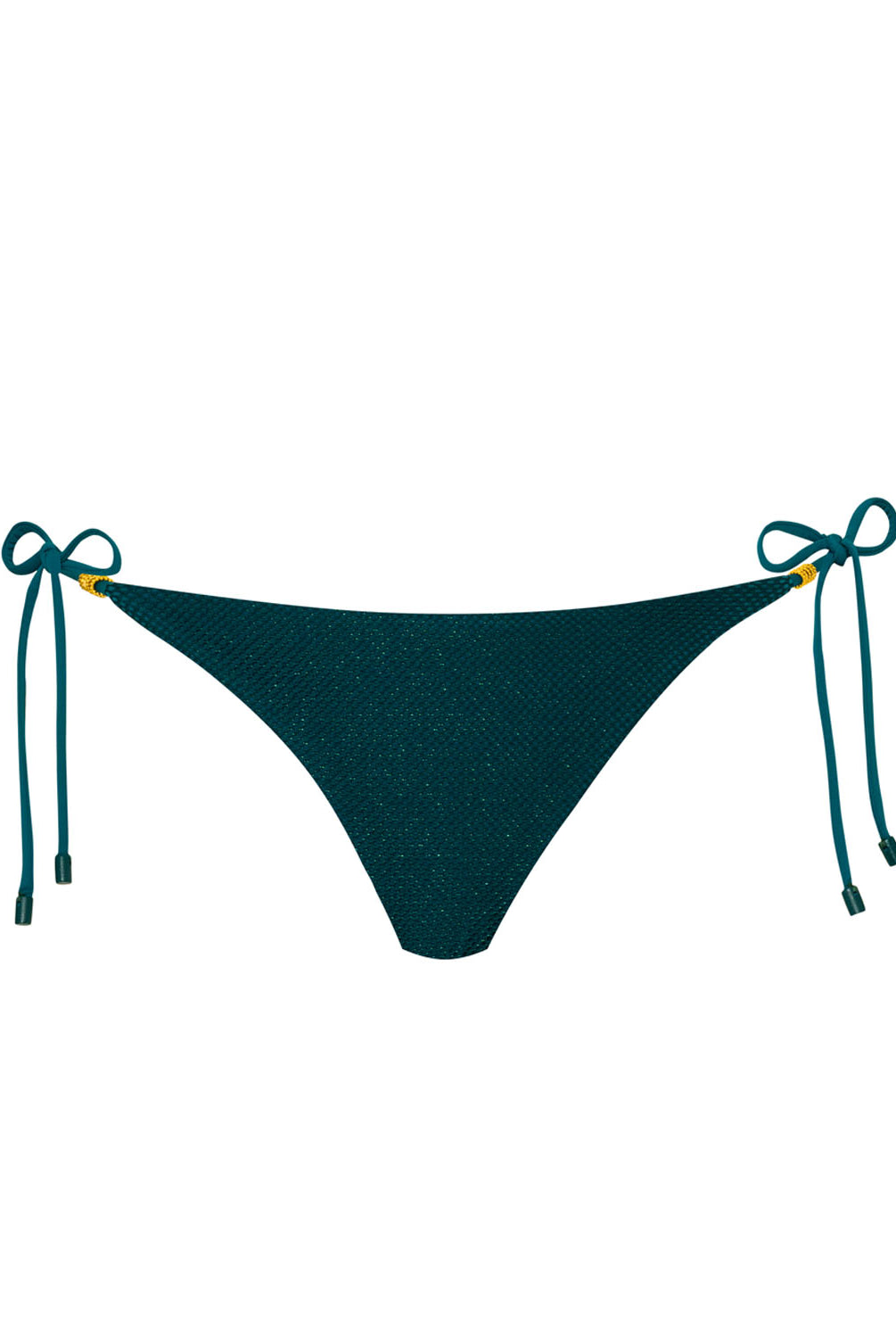 A green bikini bottom with tie sides against a white wall.