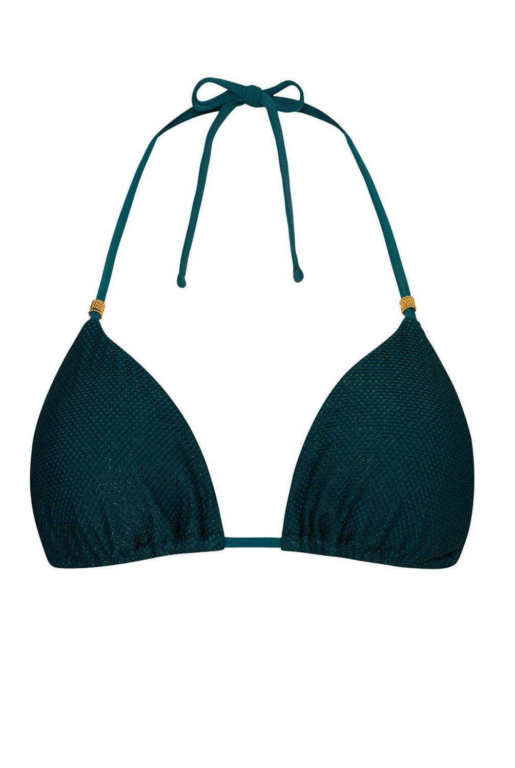 A green triangle  bikini top against a white wall.