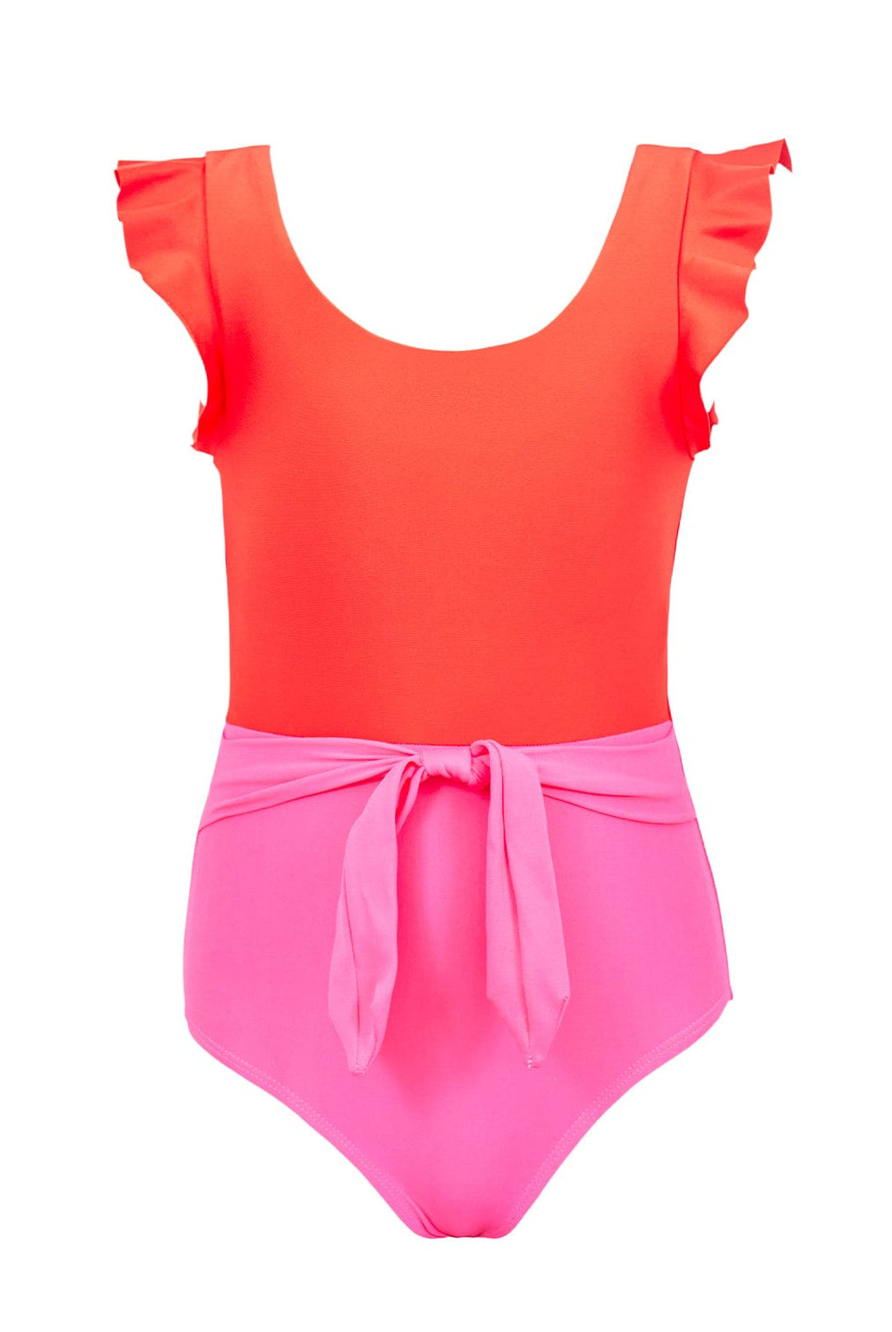 A pink and red color block kids one piece swimsuit against a white wall.