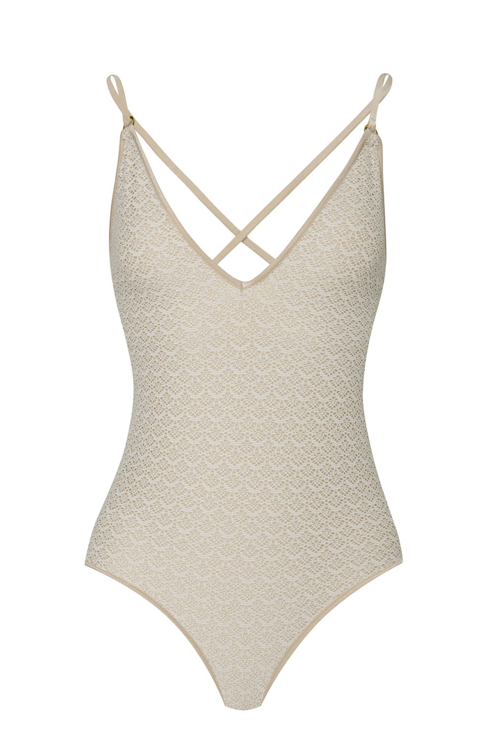 An Ivory one piece swim suit against a white wall.