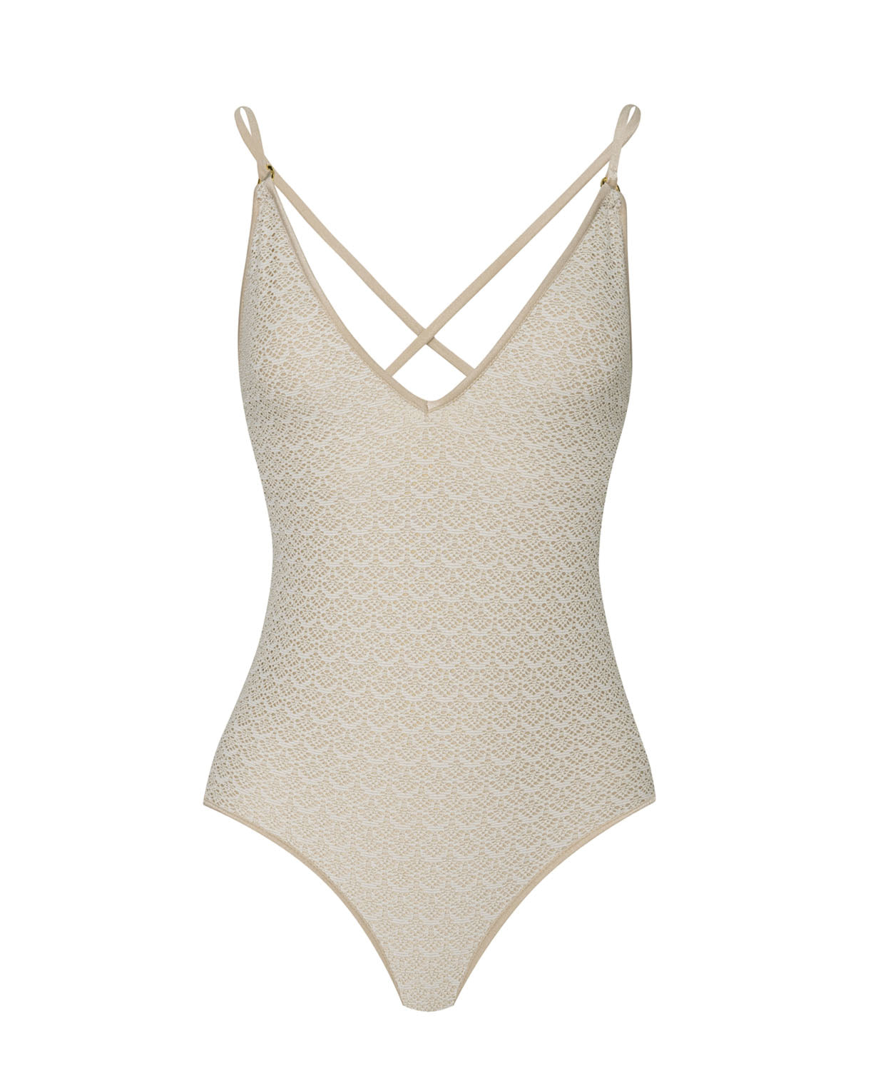 An Ivory one piece swim suit against a white wall.