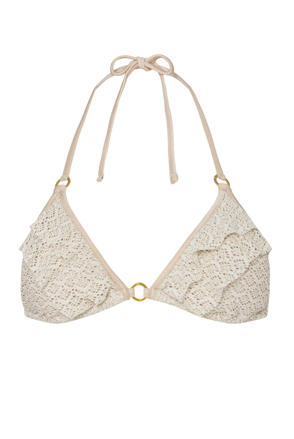 An ivory triangle bikini top against a white wall.