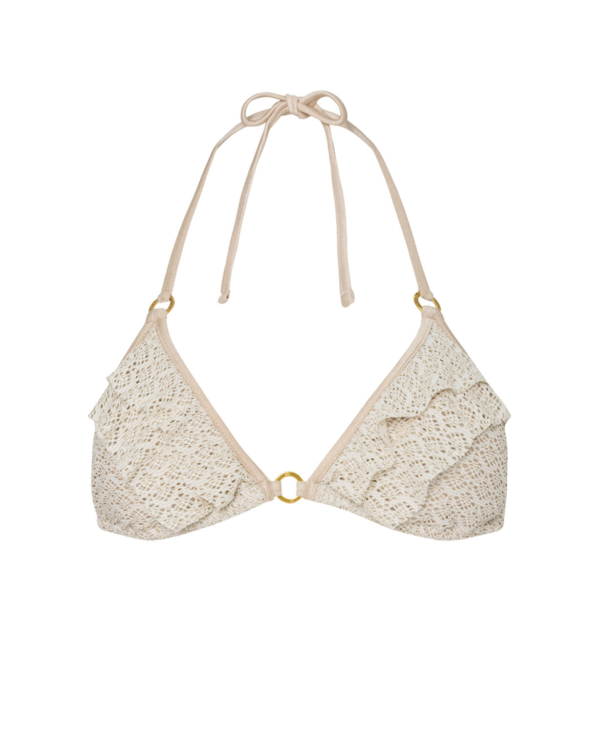 An ivory triangle bikini top against a white wall.