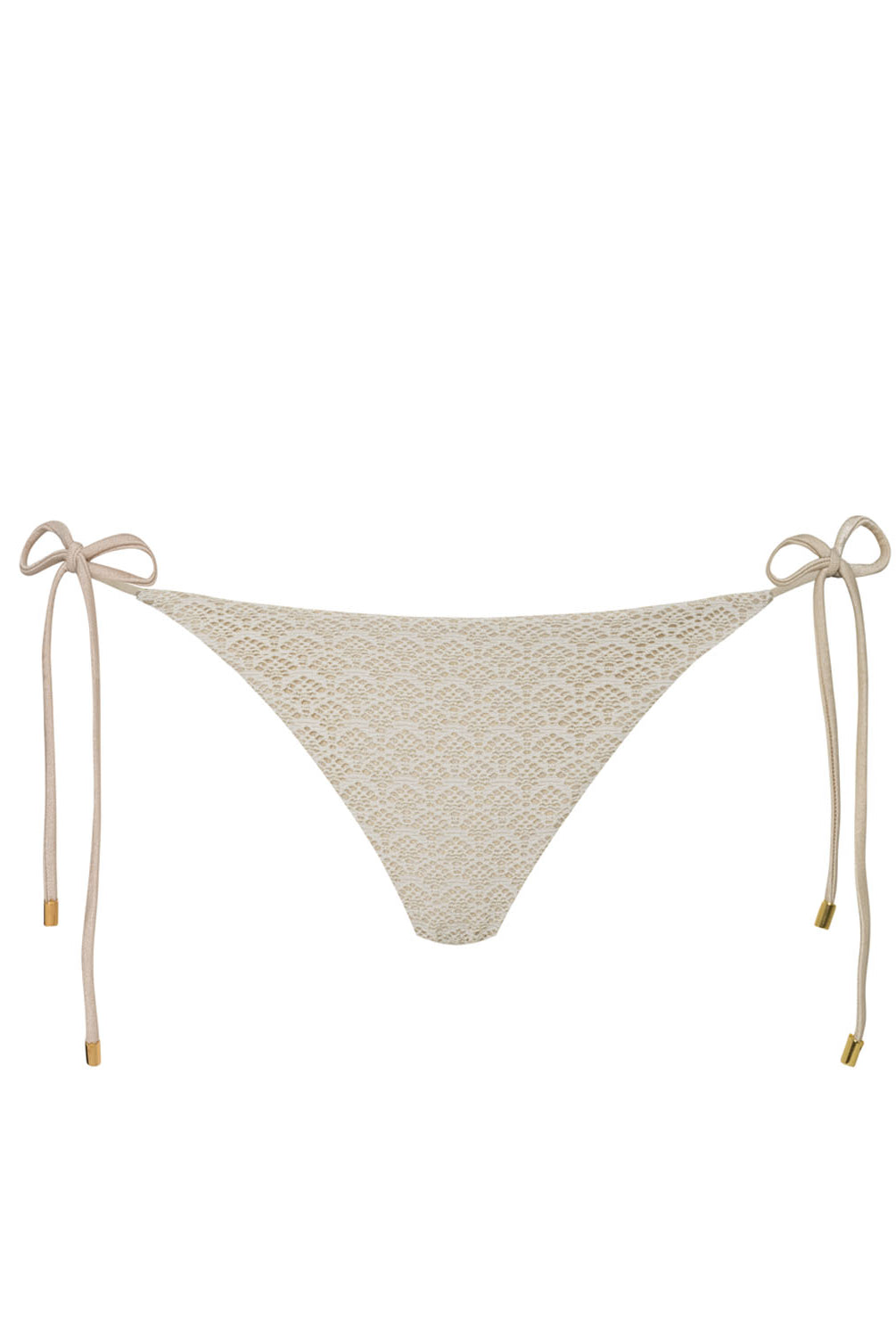 An ivory bikini bottom against a white wall.