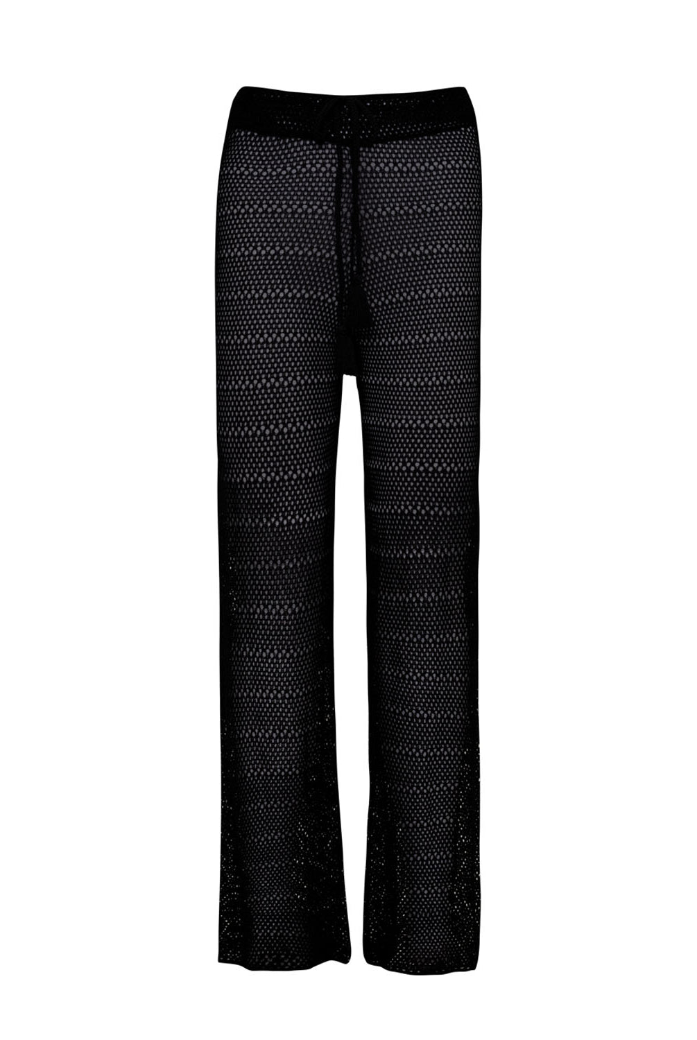 Black crochet pants in front of a white background.
