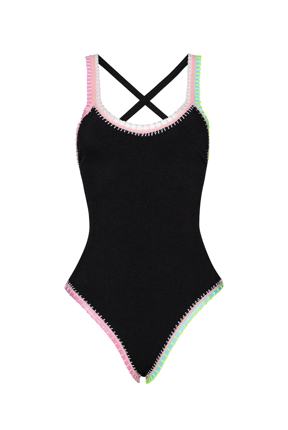 Black swimsuit with colorful trim on a white background
