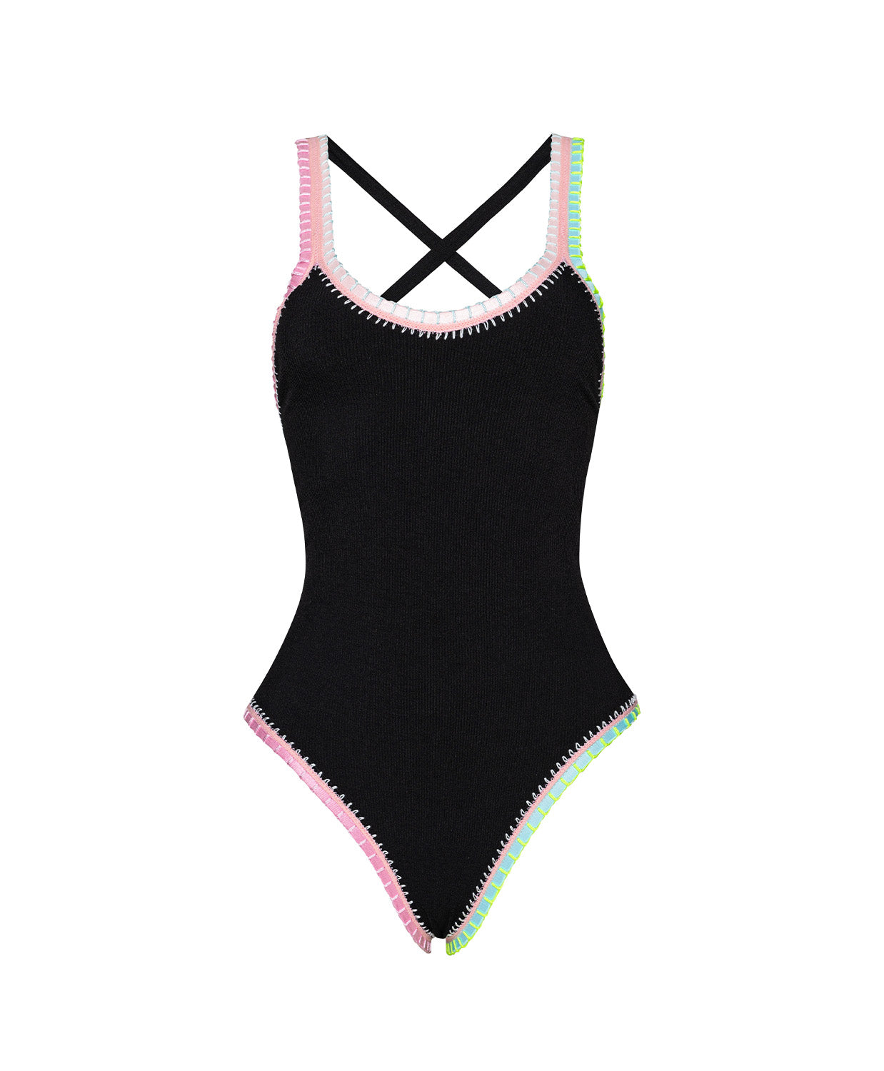 Black swimsuit with colorful trim on a white background