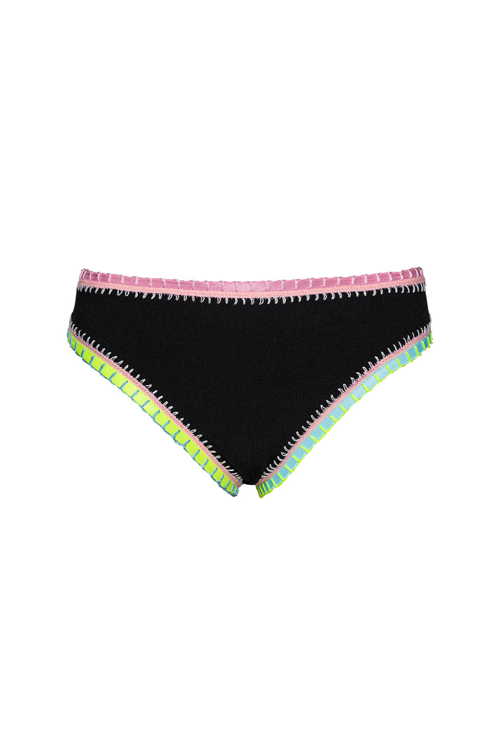 Black bikini bottom with colorful trim on a white background