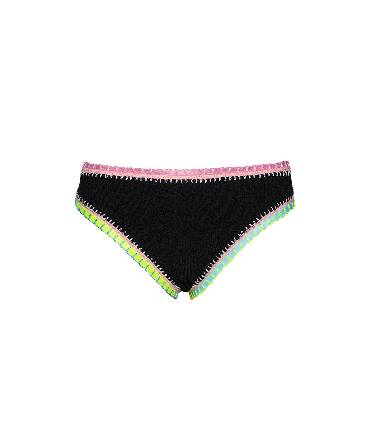 Black bikini bottom with colorful trim on a white background