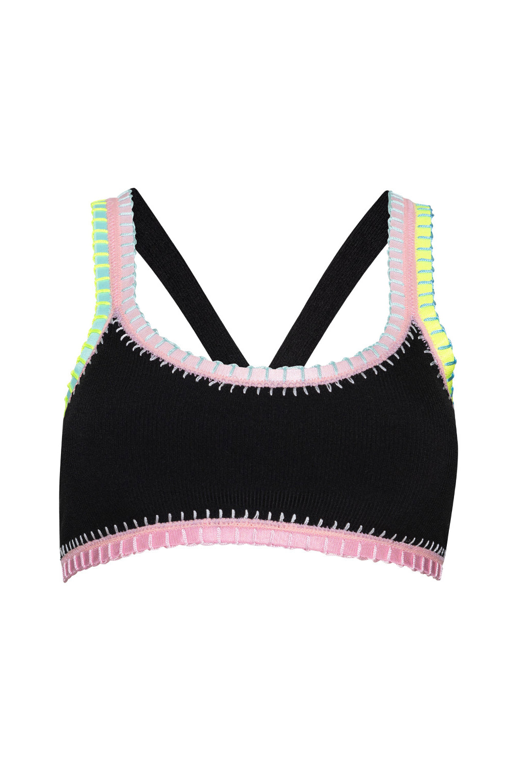 Black bikini top with colorful trim on a white background