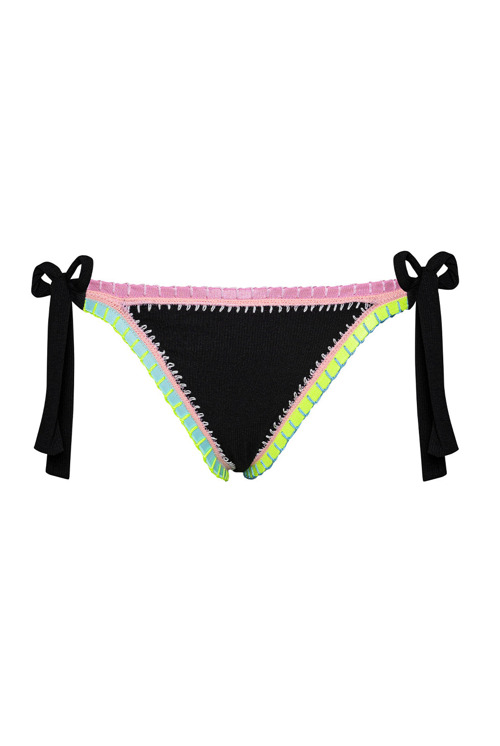 Black bikini bottom with colorful trim and bows on a white background