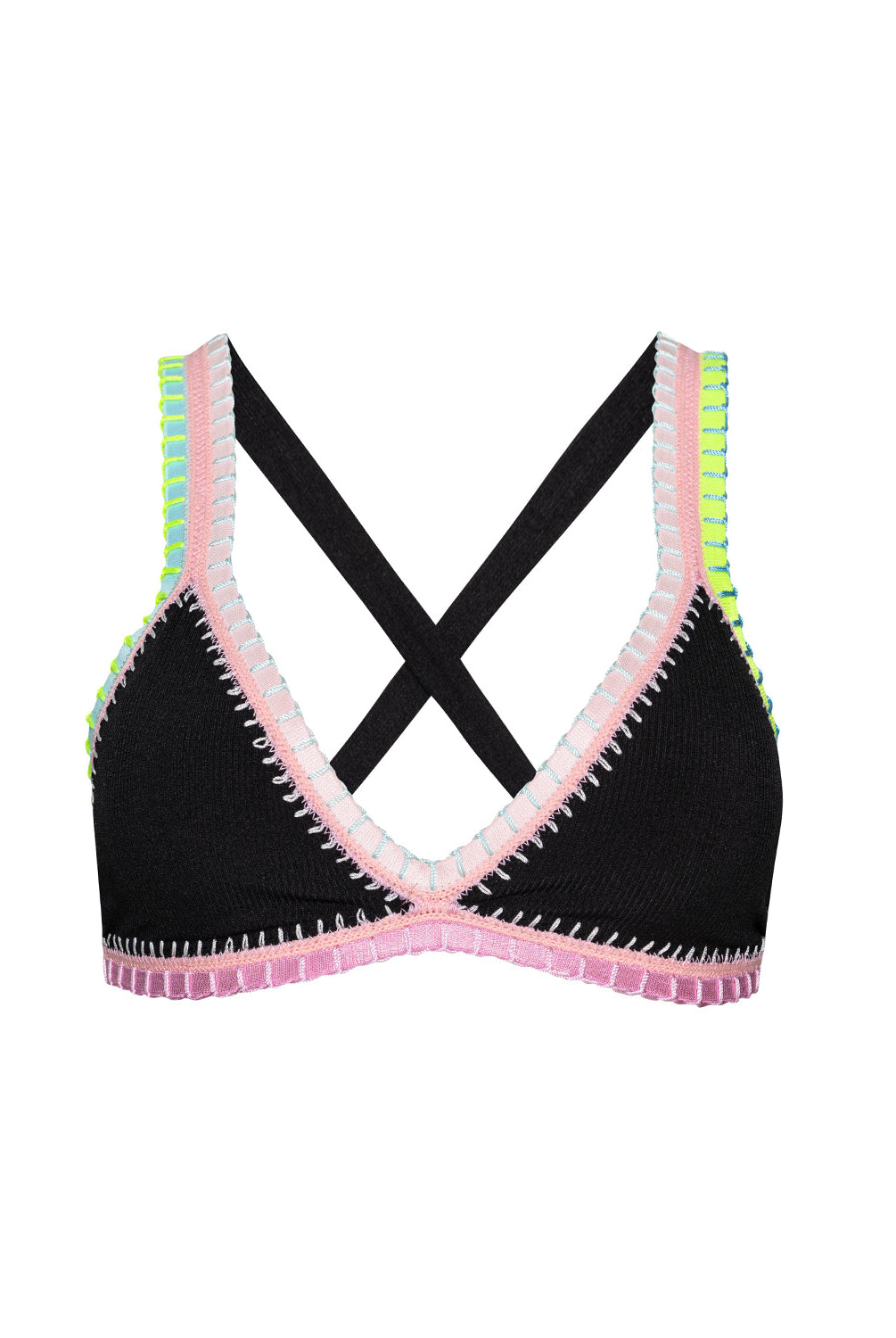 Black bikini top with colorful trim on a white background