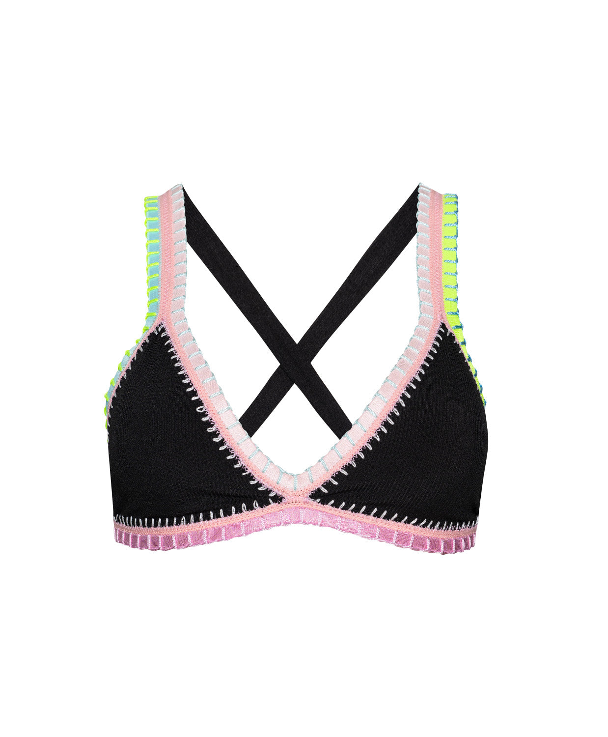 Black bikini top with colorful trim on a white background