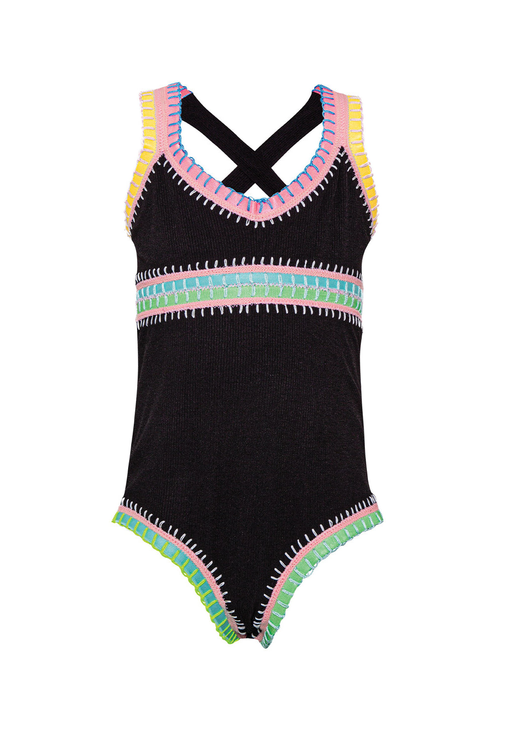 Black swimsuit with colorful trim on a white background