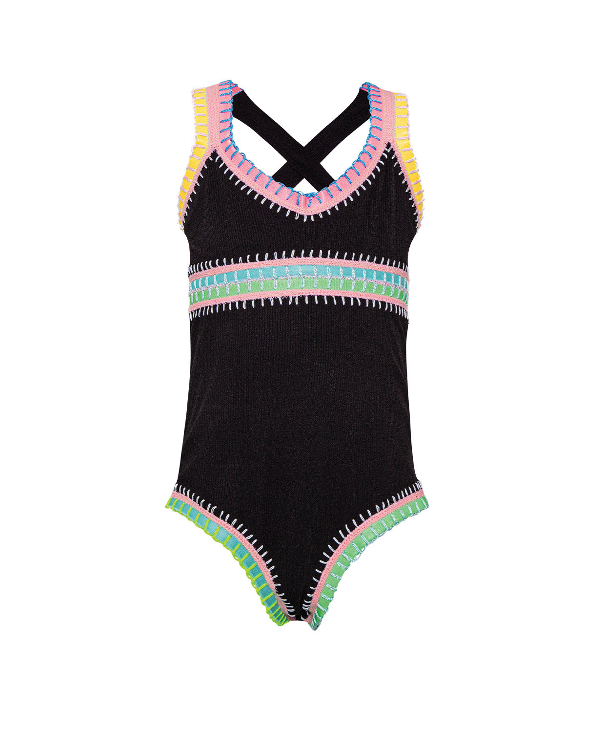 Black swimsuit with colorful trim on a white background