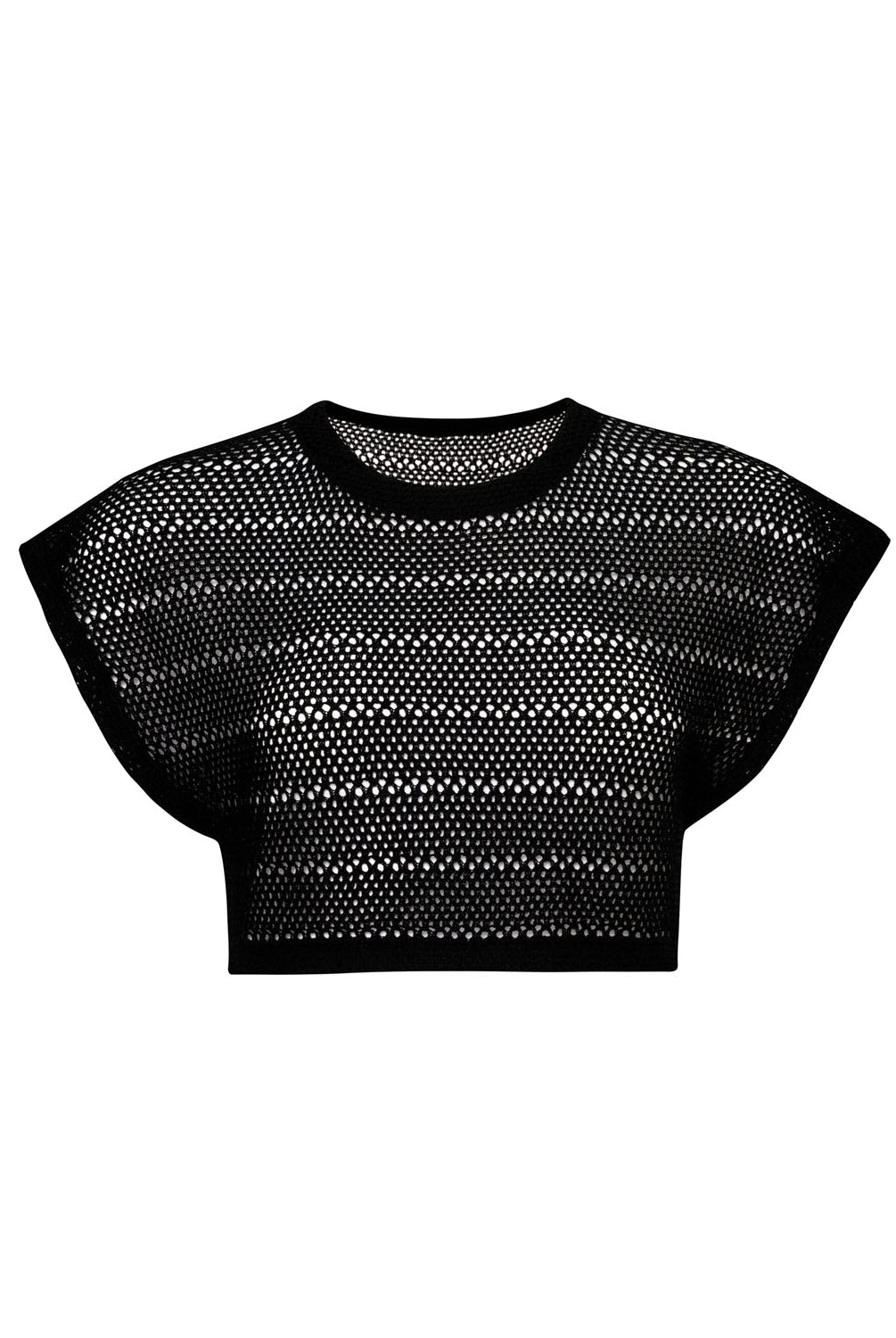 Black knit crop top in front of a white background.