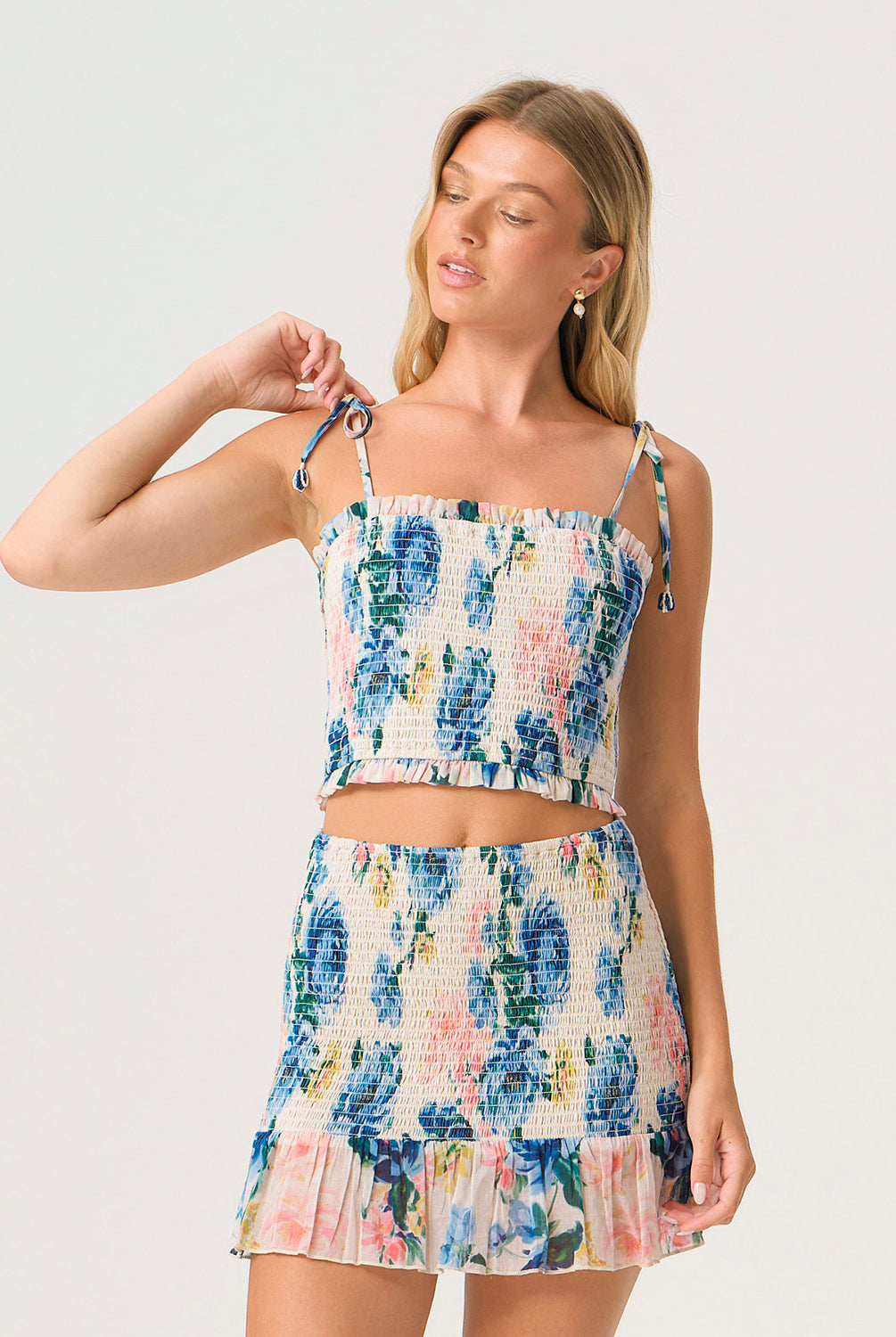 Blossom Elsie Smocked Top floral cropped tank with smocked bodice and tie-shoulder bows