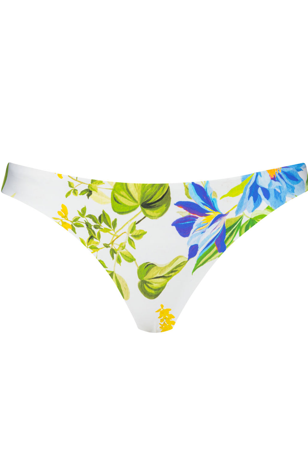 A floral print bikini bottom against a white wall.