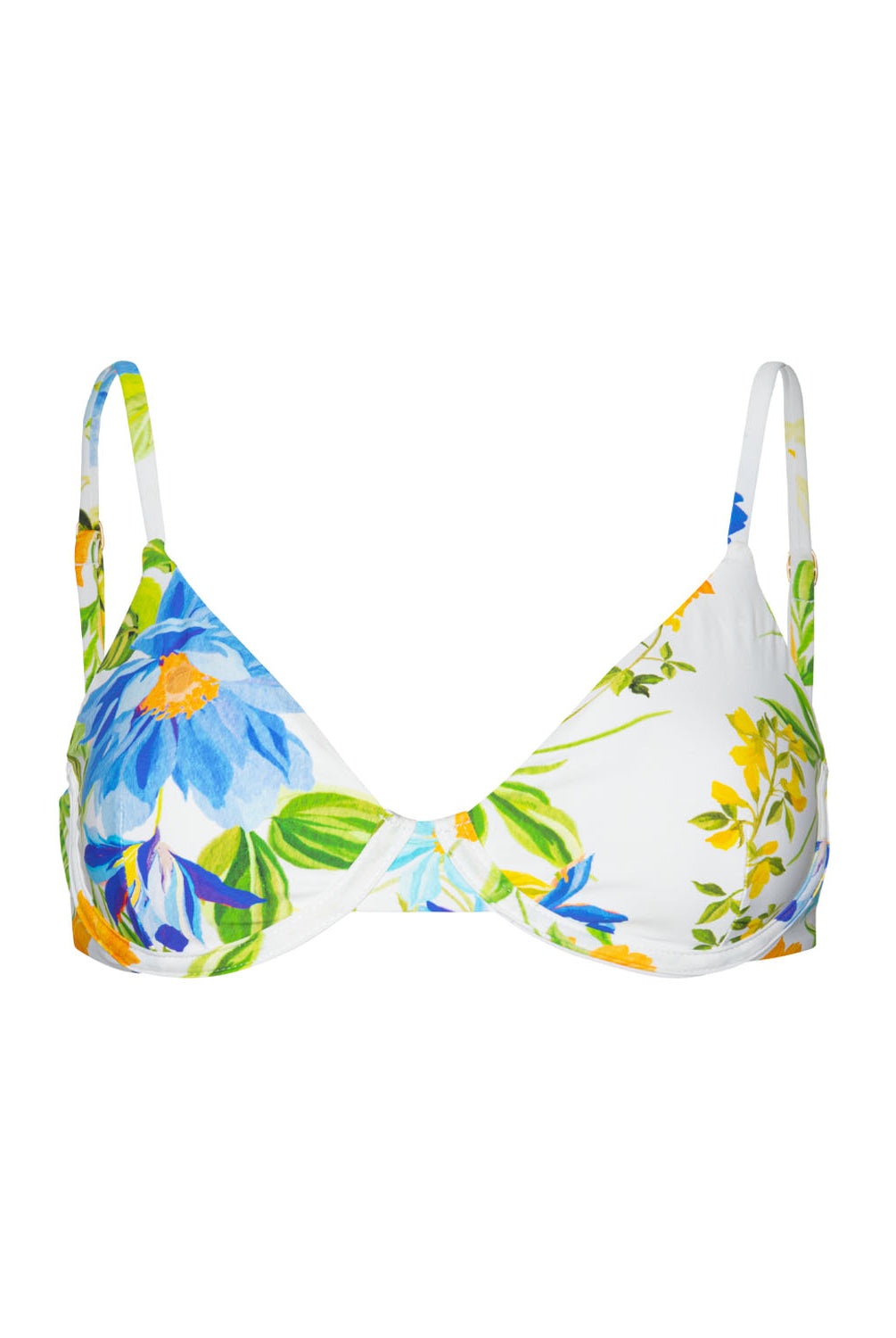A floral bikini top against a white wall.