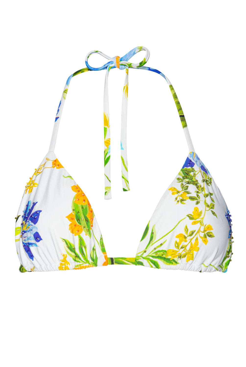 A triangle bikini top with a floral pattern against a white wall.